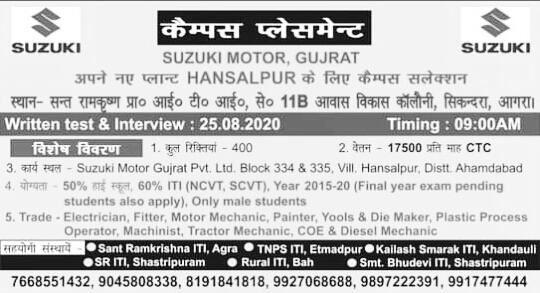 Suzuki Motors Gujarat ITI Campus Placement Agara, UP